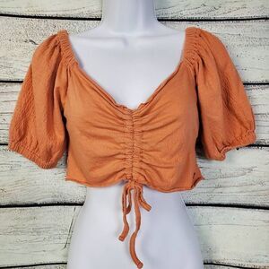 Roxy Rust Orange Puff Sleeve Ruched Crop Top Size M